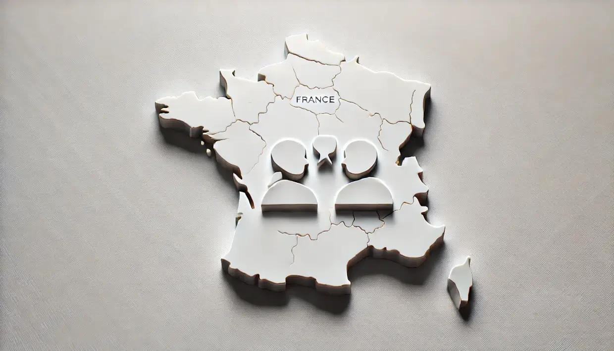 Mapa minimalista de Francia con dos personas hablando entre sí