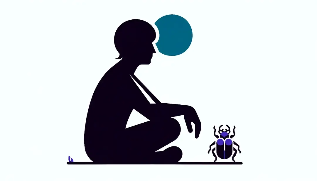 Imagen de una figura humana contemplativa junto a un pequeño escarabajo, simbolizando ¿Qué quiere decir « avoir le cafard » y su significado?
