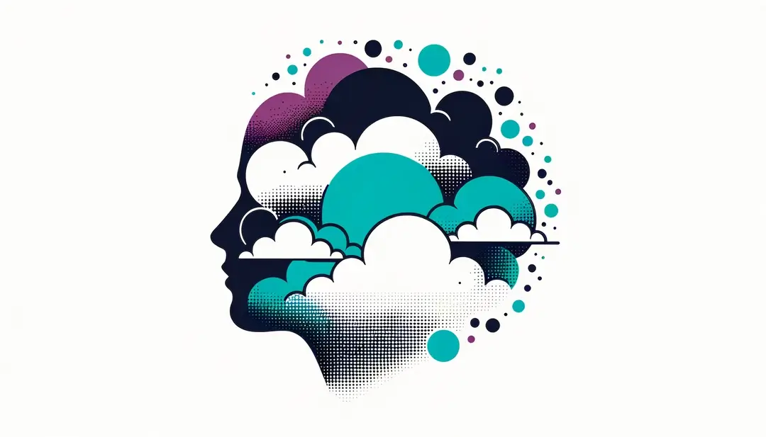 Imagen de una figura humana con la cabeza en las nubes en un estilo minimalista para ilustrar la expresión francesa "avoir la tête dans les nuages" y qué se entiende por ella