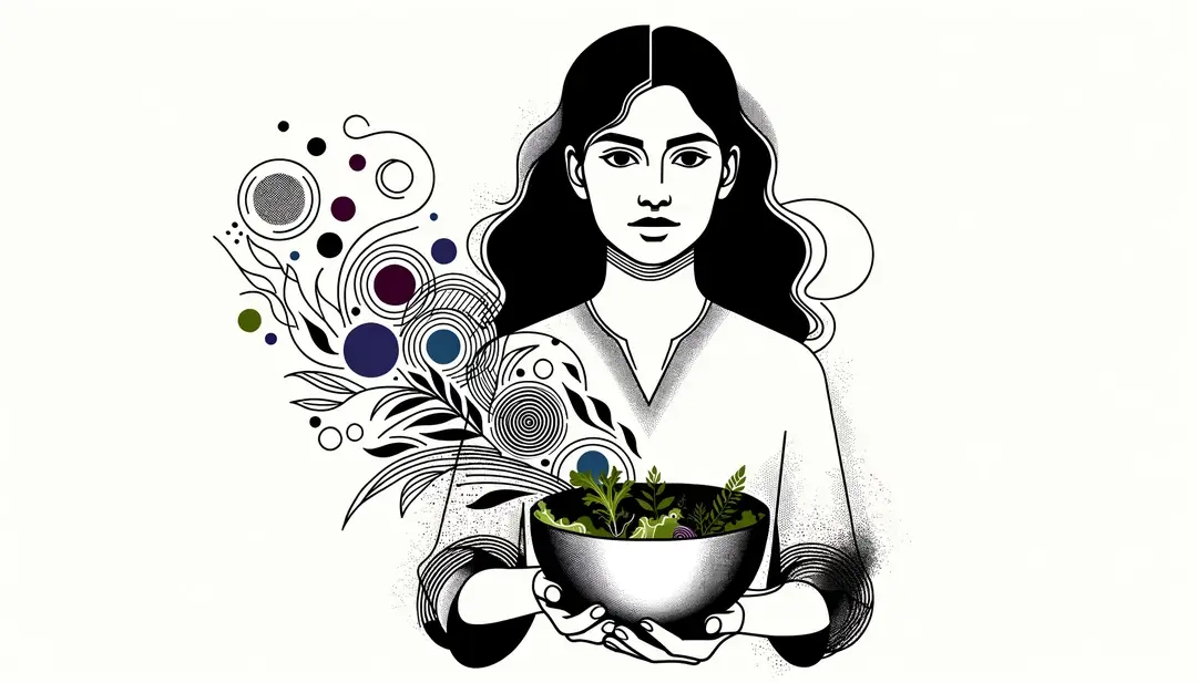 Una persona con expresión curiosa sostiene un tazón con ingredientes de ensalada flotando, ilustrando el dicho en francés