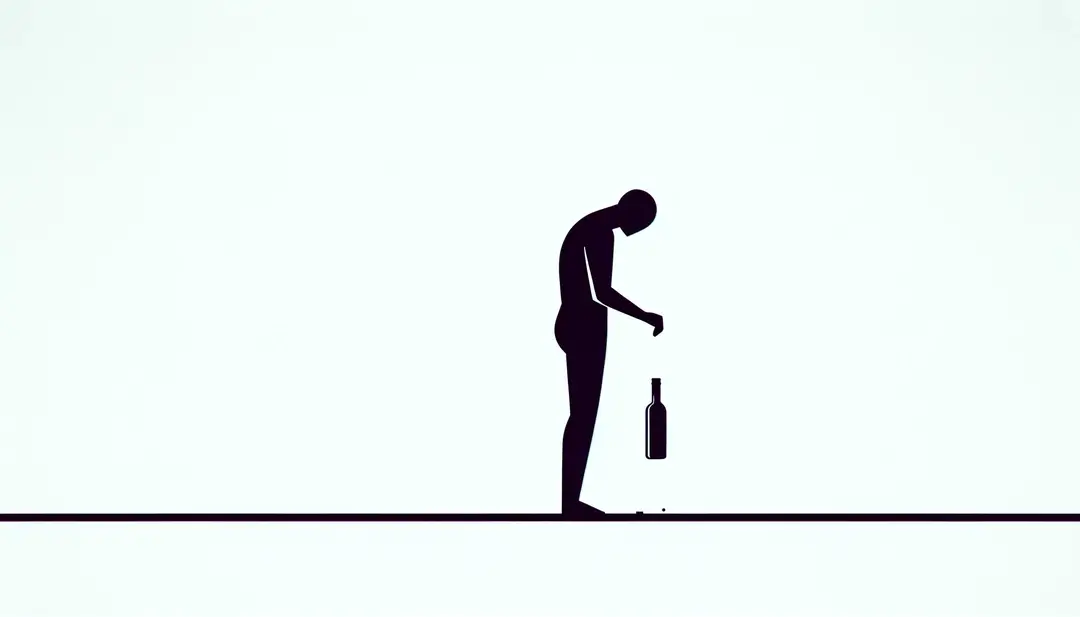 Imagen minimalista de figura humana con botella, reflejando la expresión francesa sobre beber en exceso