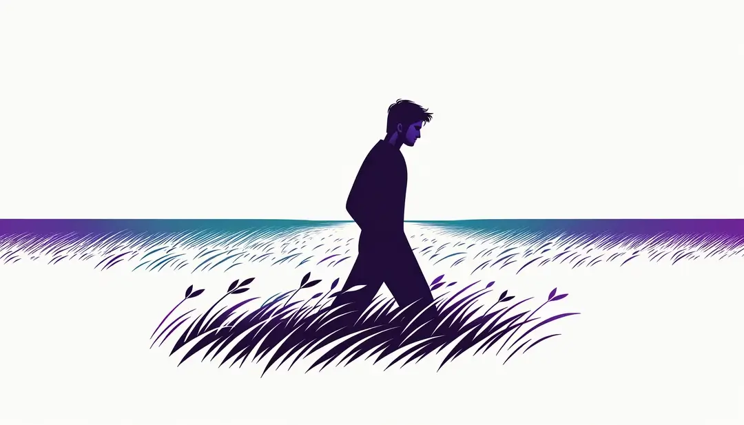Imagen minimalista de una figura humana caminando en un campo abierto, evocando el significado de 'prendre la clé des champs'