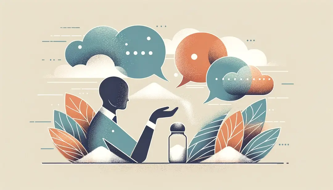 Ilustración minimalista de una persona interviniendo en una conversación con burbujas de ideas, mostrando cómo añadir su granito de sal en una discusión