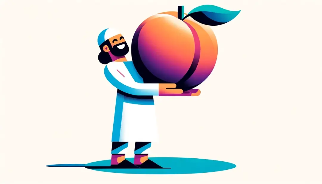 Ilustración de una persona feliz y energética sosteniendo un gran melocotón, representando el estado de ánimo en francés dentro del uso y origen de "avoir la pêche"
