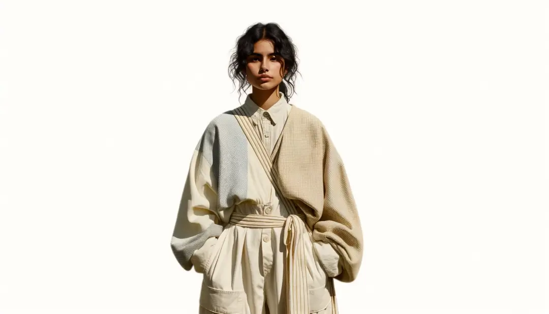 Figura con ropa vintage en un fondo blanco, simbolizando la moda sustentable a través de la palabra «friperie»