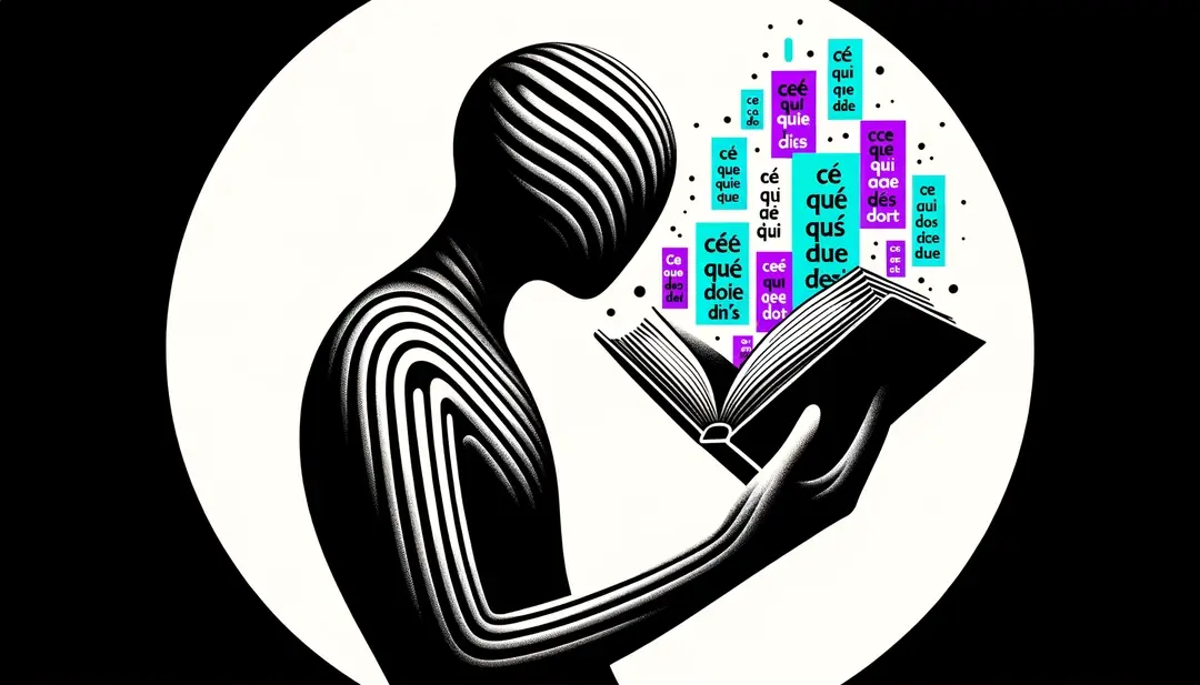Figura humana estudiando pronombres relativos « ce que », « ce qui » y « ce dont » con fondo blanco y colores destacados