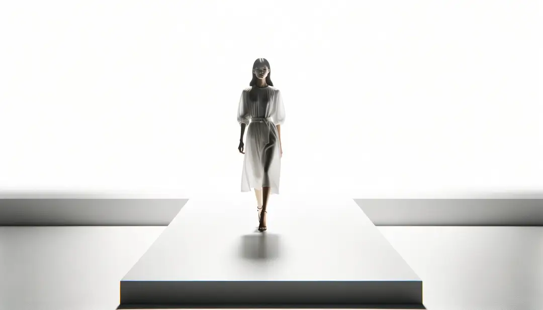 Desfile de moda con figura humana en pasarela blanca, representando el significado de «défilé» en moda
