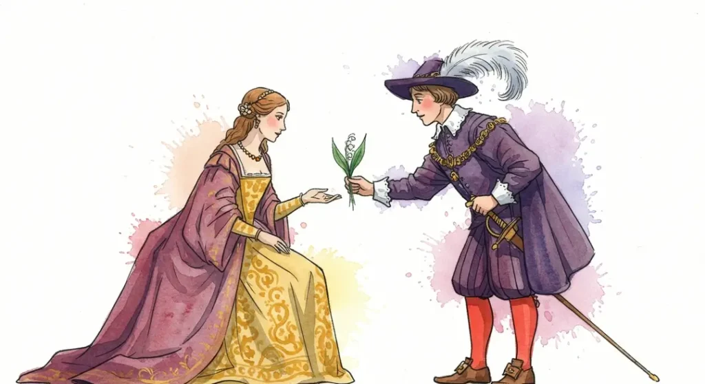 Illustration à l'aquarelle montrant l'origine de la tradition du 1er mai et du muguet : pourquoi la France offre du muguet à la Fête du Travail