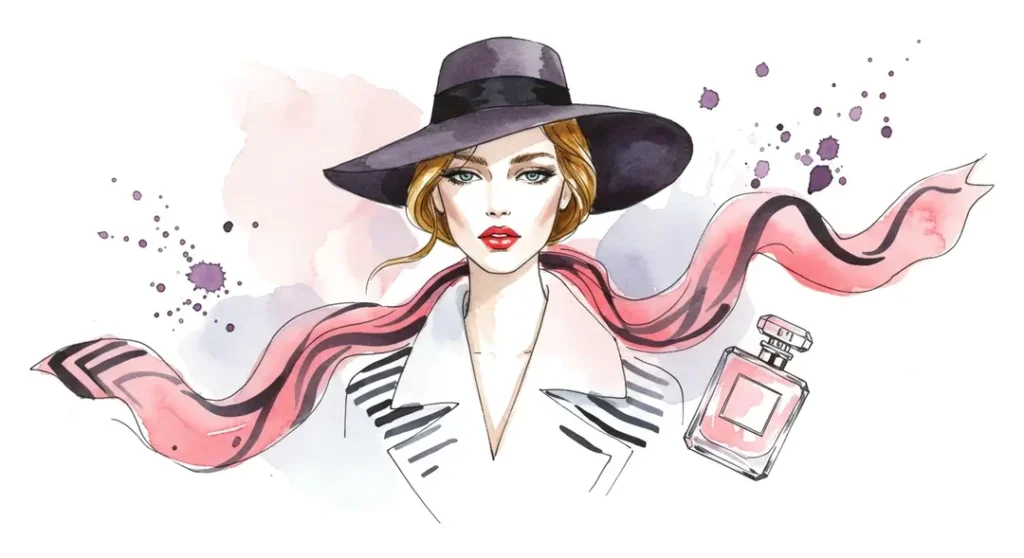Illustration aquarelle capturant l'Élégance à la française : mode