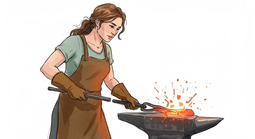 Illustration représentant une femme forgeronne en plein travail