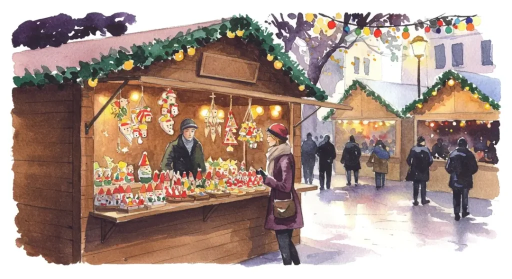 Illustration à l'aquarelle d'une femme sur un marché de Noël