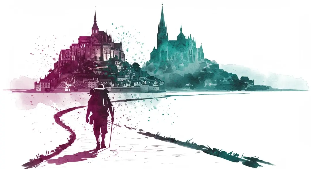 Illustration à l'aquarelle sur le thème des sanctuaires et rites : pulsations spirituelles au cœur de la France