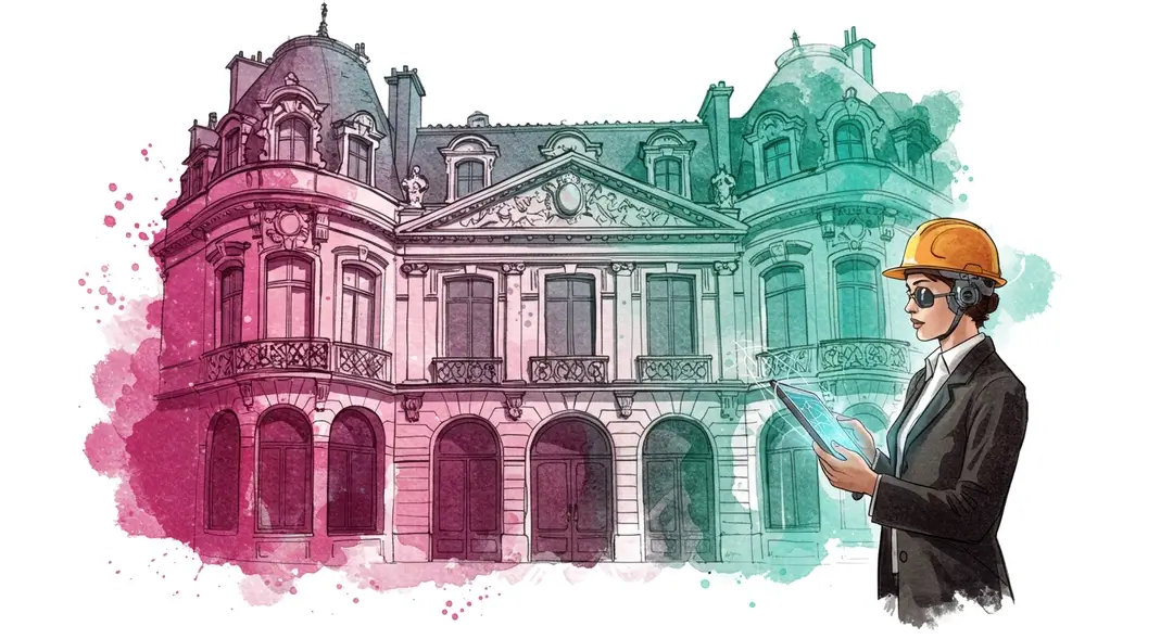 Illustration à l'aquarelle d'une architecte devant un bâtiment haussmannien