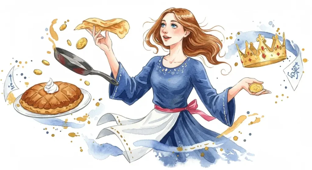 Une illustration aquarelle montrant une femme qui célèbre les rites hivernaux français de l’Épiphanie à la Chandeleur en faisant sauter une crêpe