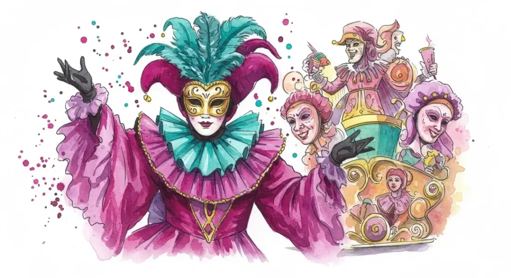 Illustration à l'aquarelle du Carnaval français : défilés
