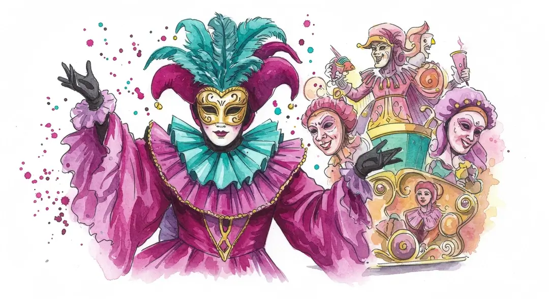Illustration à l'aquarelle du Carnaval français : défilés