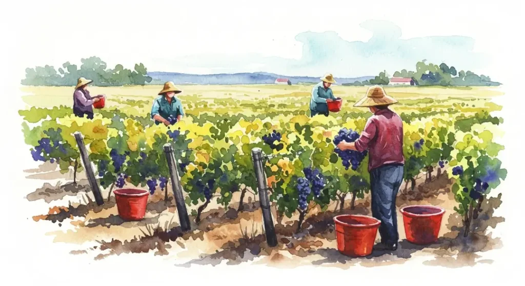 Illustration à l'aquarelle dépeignant les vendanges et vin : la célébration sacrée qui marque l’automne français