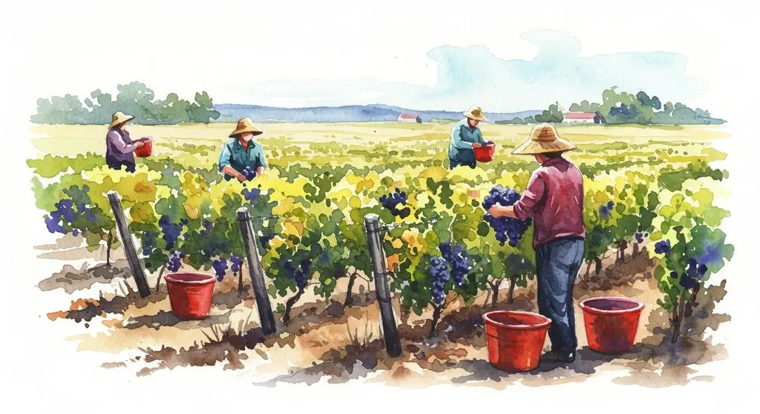 Illustration à l'aquarelle dépeignant les vendanges et vin : la célébration sacrée qui marque l’automne français