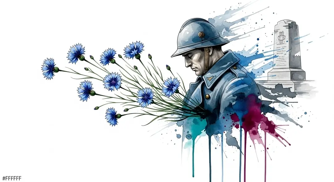 Illustration à l'aquarelle pour l'appel des morts du 11 novembre montrant l'hommage à un soldat mort pour la France