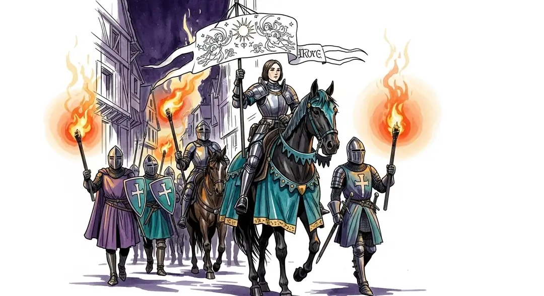 Illustration de Jeanne d'Arc à cheval lors d'un défilé nocturne au Moyen Âge