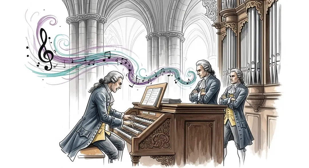 Illustration de joutes d'organistes dans une cathédrale baroque : deux musiciens s'affrontent sur un grand orgue historique