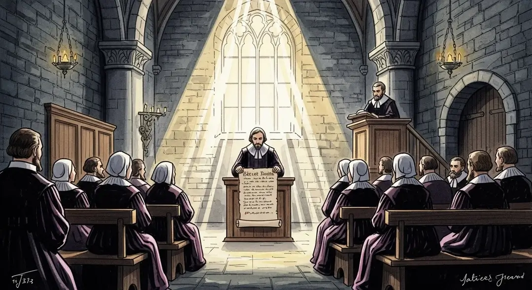 Culte commémoratif de l'Édit de Nantes montrant un pasteur et des fidèles dans un temple