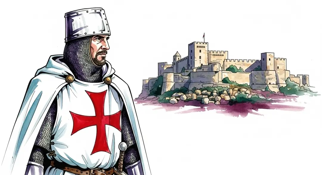 Illustration d'une reconstitution historique templier en Occitanie montrant un chevalier gardant une commanderie