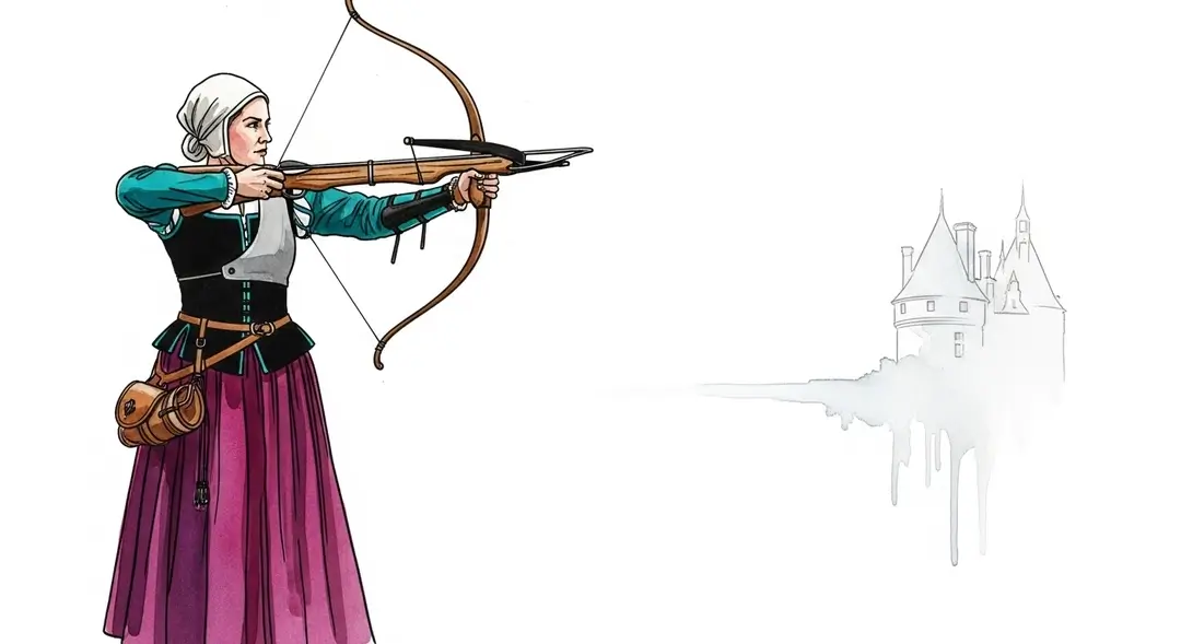 Illustration d'une arbalétrière lors d'un tournoi de tir dans un château