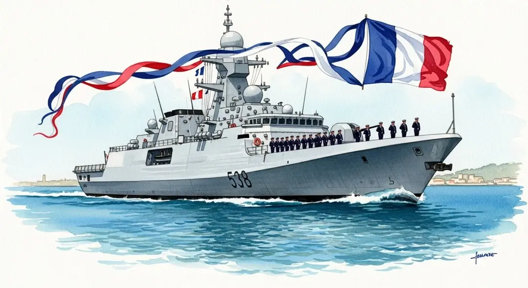 Aquarelle d'une frégate de la Marine Nationale lors des cérémonies navales de la Fête de la Marine