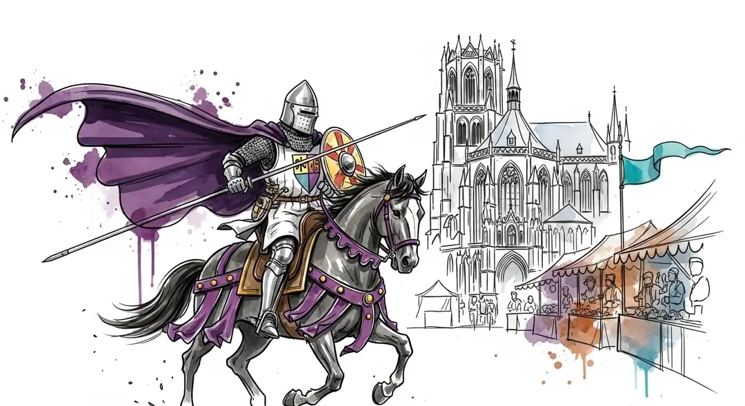 Illustration d'un tournoi de chevaliers lors de la fête médiévale du Karlsfest à Aix-la-Chapelle