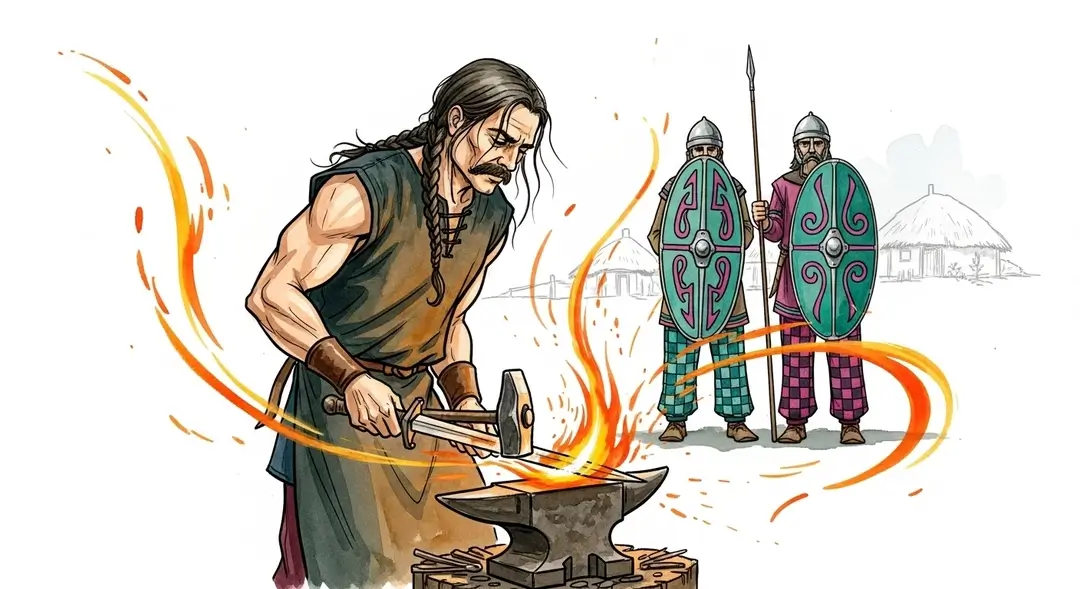 Illustration d'archéologie vivante : un forgeron celte forge une épée lors d'un festival de reconstitution historique gaulois.