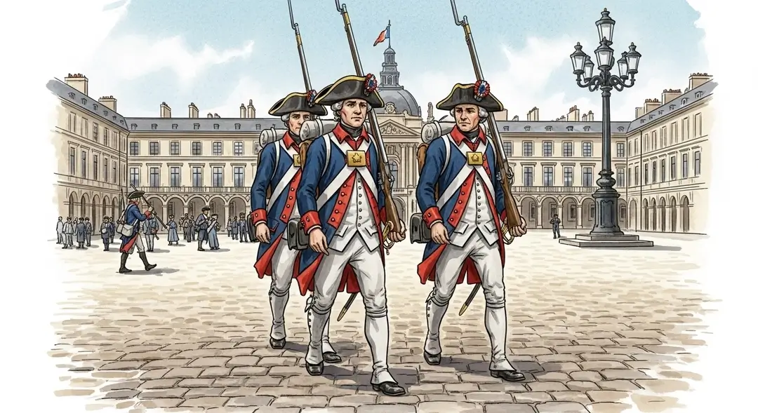 Reconstitutions historiques de défilés en uniformes révolutionnaires portés par la Garde nationale