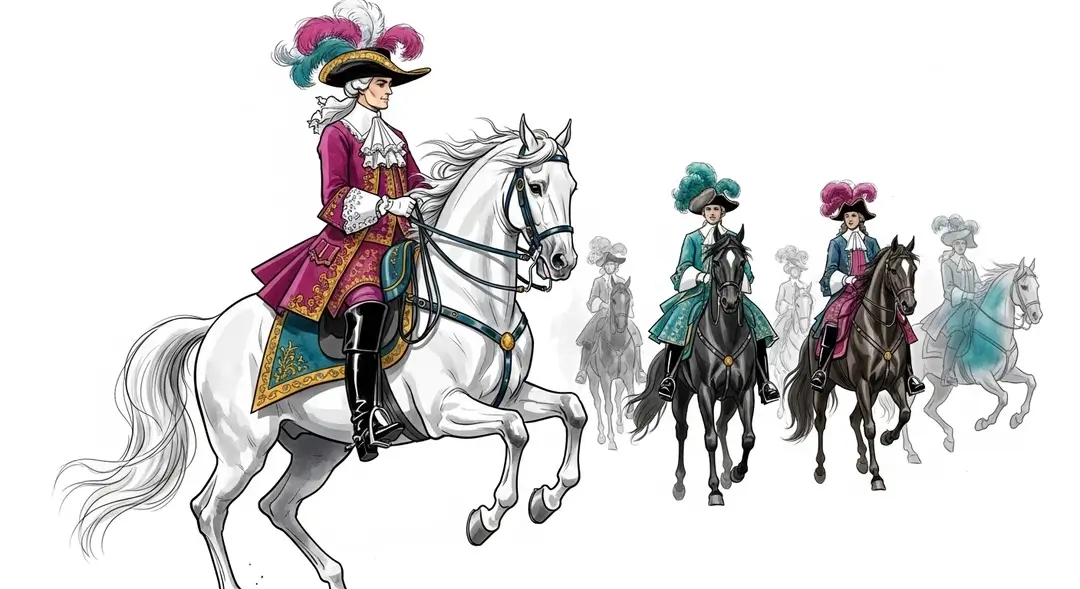 Illustration de style aquarelle dépeignant un cérémonial équestre de l'Ancien Régime. Un cavalier exécute une figure d'art équestre