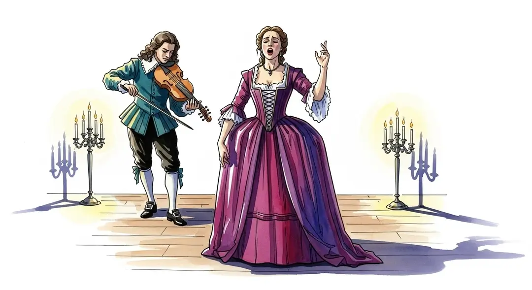 Une cantatrice en costume d'époque et un musicien jouant de la viole de gambe lors d'un spectacle d'opéra baroque français.