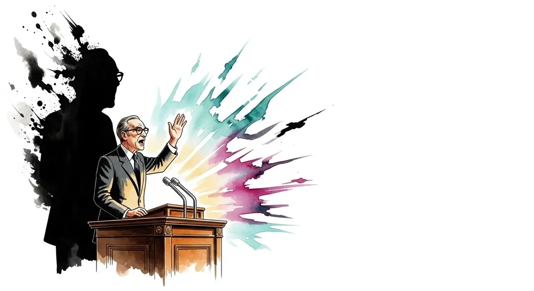 Illustration de Robert Badinter prononçant son discours historique pour l'abolition de la peine de mort en France