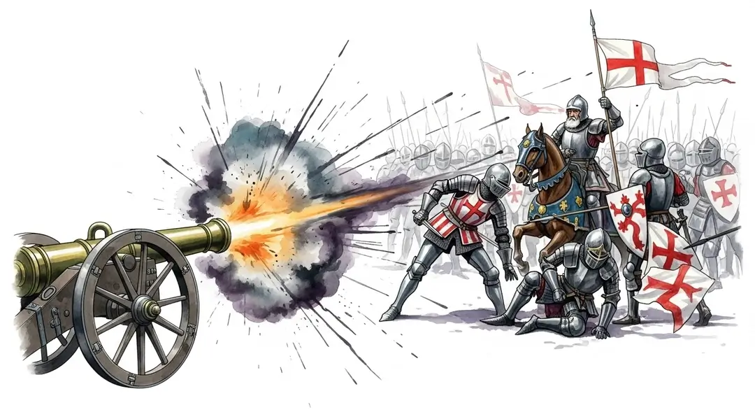 Aquarelle de la Bataille de Castillon montrant la conservation du patrimoine de la Guerre de Cent Ans à travers une reconstitution de la victoire française grâce à l'artillerie