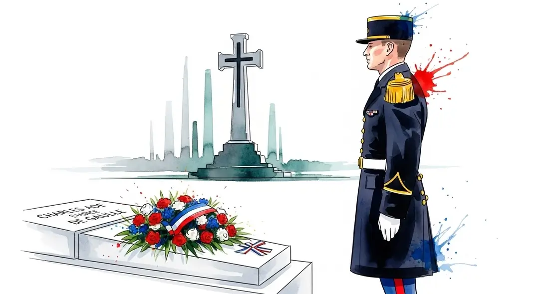 Aquarelle de la cérémonie d'hommage à Charles de Gaulle à Colombey-les-Deux-Églises montrant un militaire devant sa tombe.