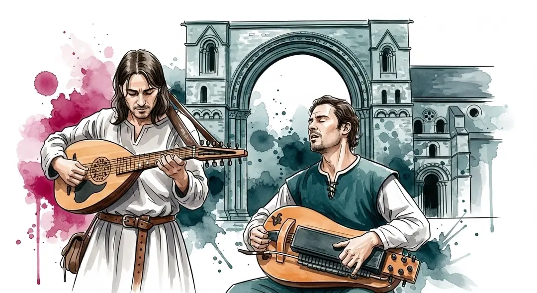 Deux musiciens jouant du luth et de la vielle à roue pendant le festival de musique médiévale de l'abbaye de Cluny en Bourgogne