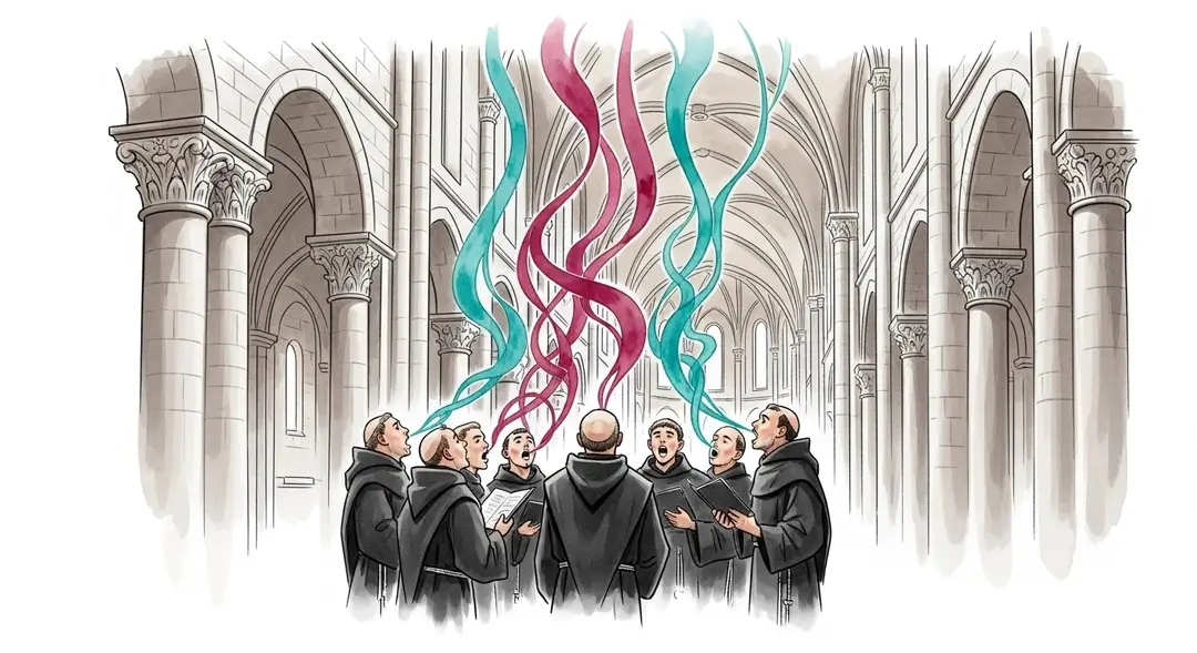 Illustration de chantres interprétant du chant grégorien à Vézelay