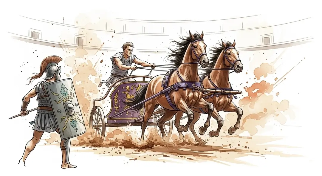 Reconstitution historique à la Foire gallo-romaine de Nîmes avec spectacles de gladiateurs et course de chars dans les arènes.
