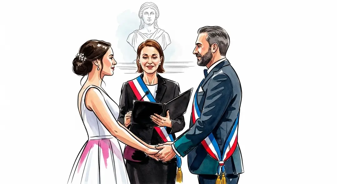Une officier d'état civil portant l'écharpe tricolore célèbre un mariage civil