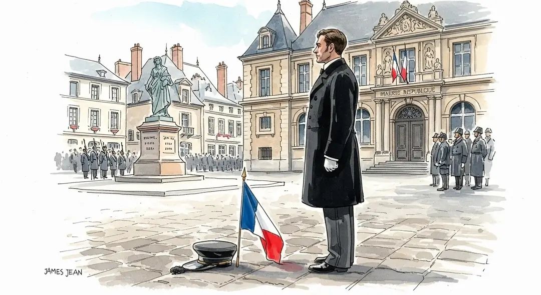 Aquarelle d'un instituteur de la Troisième République observant un défilé scolaire