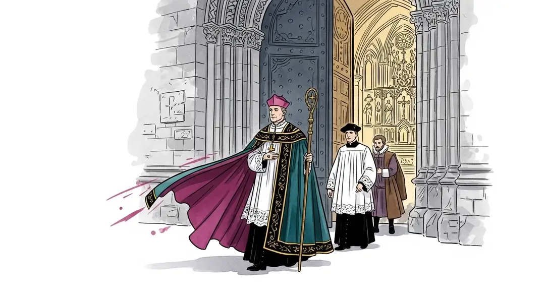 Illustration de la reconquête catholique en Béarn après les guerres de religion : un évêque symbolise la restauration du culte catholique en entrant dans une cathédrale.