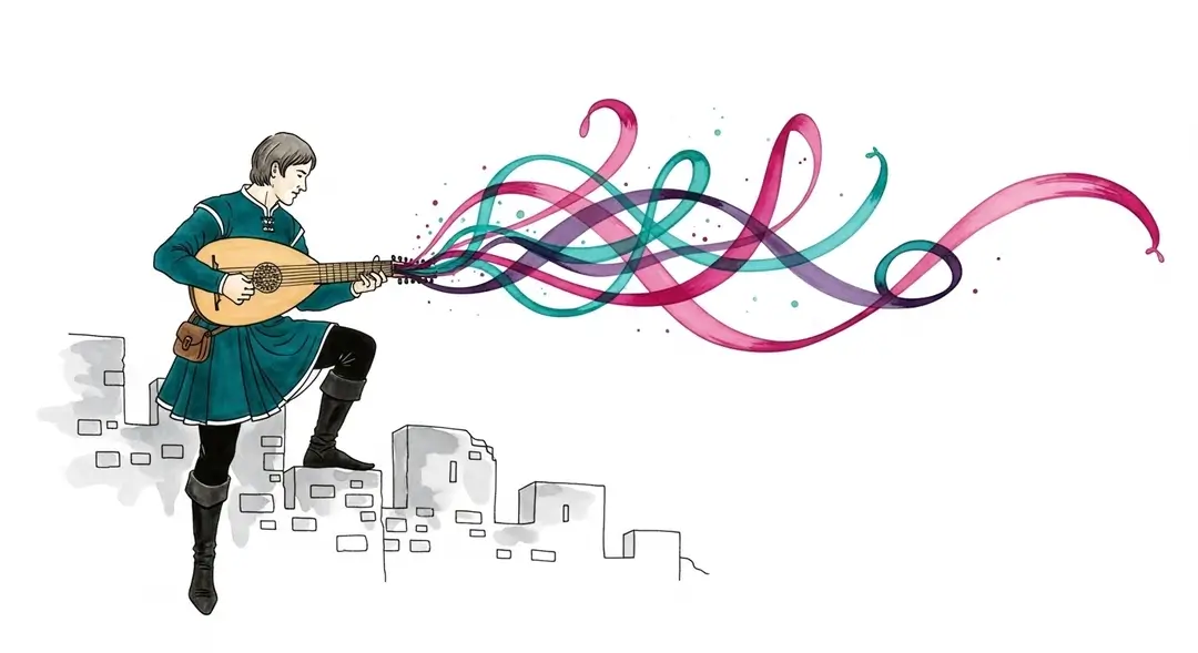 Illustration d'un troubadour médiéval dont la musique se transforme en art contemporain