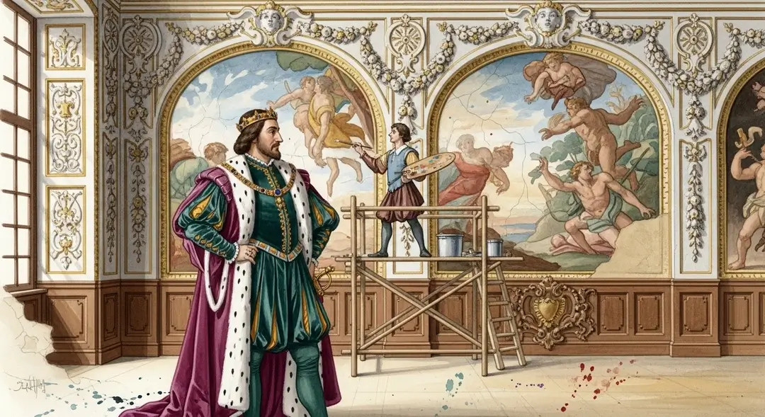 Le mécénat de François Ier au Château de Fontainebleau : une illustration de la Renaissance française où le roi observe l'artiste Rosso Fiorentino