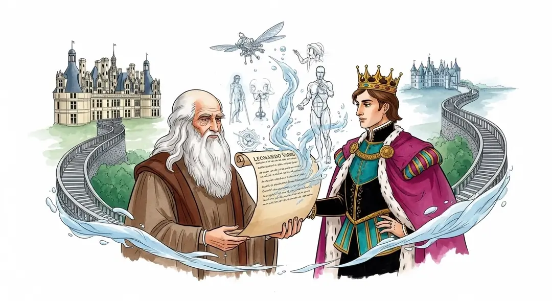 Illustration à l'aquarelle de Léonard de Vinci et François Ier discutant des plans de la Renaissance
