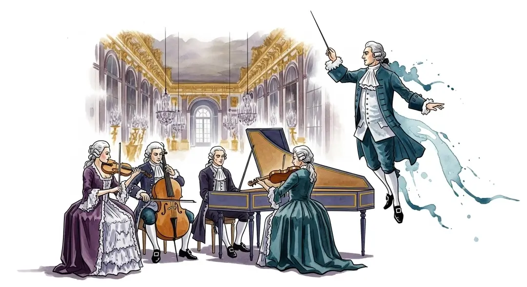 Illustration des hommages à Lully à Versailles où des musiciens interprètent la musique baroque française