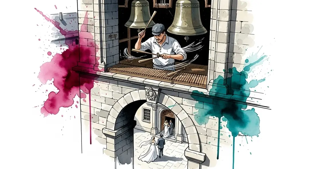 Illustration à l'aquarelle montrant un maître carillonneur activant la sonnerie des cloches municipales depuis un beffroi ; en bas