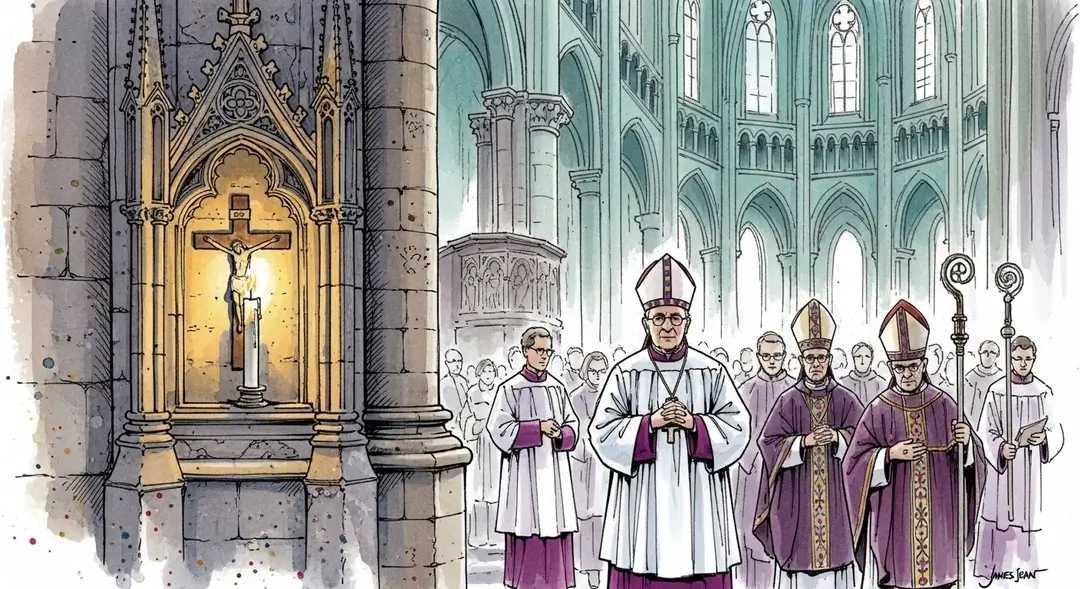 Illustration des Fêtes de la Dédicace en Normandie : une procession lors des célébrations dans une cathédrale