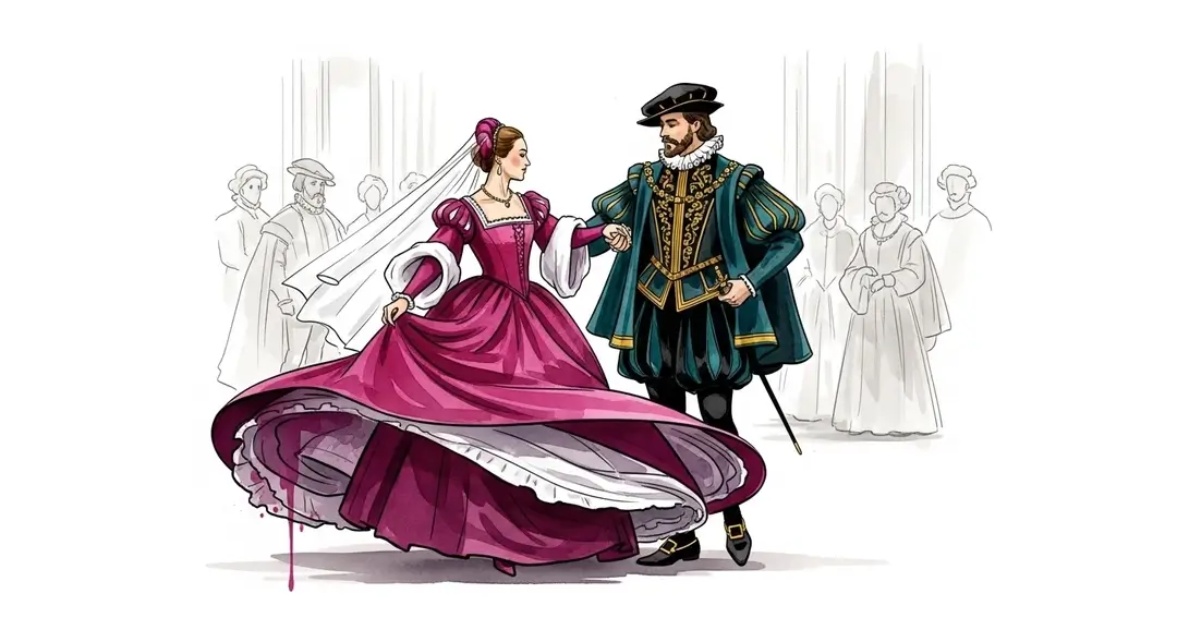 Illustration des fêtes du mariage d'Henri IV à Pau montrant Henri de Navarre et Marguerite de Valois dansant lors de leur union au XVIe siècle